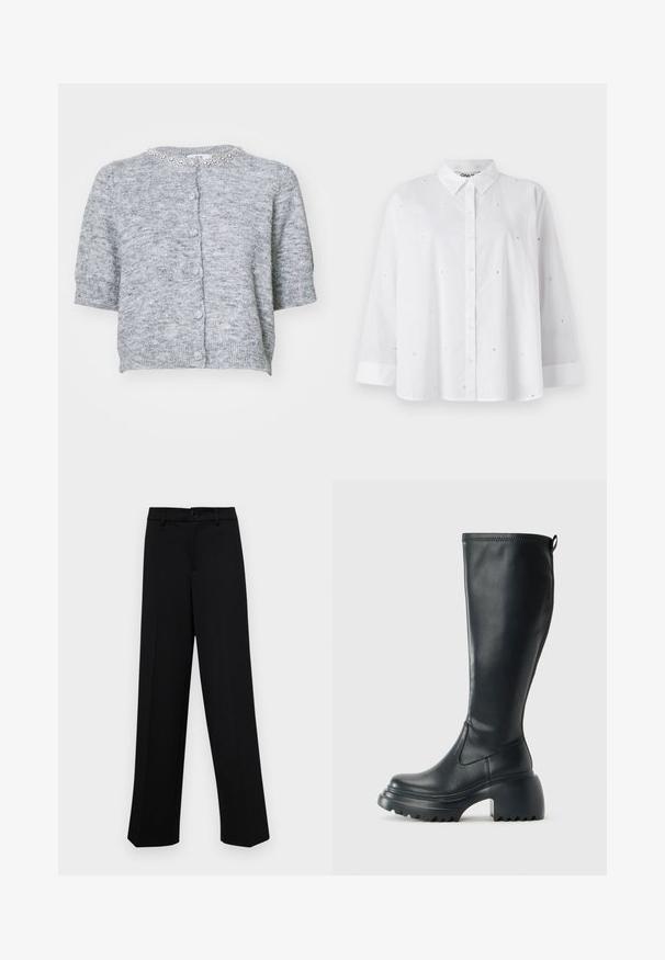 Sivi kardigan s kratkim rukavima, s teksturiranim pletenjem, okruglim izrezom i ukrašenim ovratnikom. Ima gumbe sprijeda i rebraste manžete.; Bijela košulja s dugim rukavima od lagane tkanine, koja sadrži male izreze u obliku srca i klasičnu kragnu.; Crne široke hlače od glatkog materijala, s klasičnim pojasom koji se zatvara dugmetom i prednjim naborima.; Visoke crne kožne čizme s debelim platformskim đonom i blok petom, s patentom za povlačenje i teksturiranim uzorkom na potplatu.