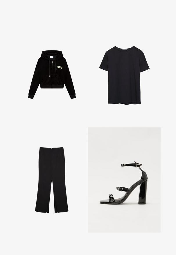 Hoodie corto nero realizzato in morbido velluto, con zip frontale, due tasche laterali e il logo "JUICY" in lettere grasse di colore verde chiaro.; T-shirt nera in cotone a maniche corte con collo a giro, esposta su uno sfondo bianco.; Pantaloni neri a gamba dritta, con tasche frontali e spacchi laterali all'orlo. Realizzati in tessuto morbido e liscio. Adatti a diverse occasioni.; Sandali con tacco alto in vernice nera con due cinturini con fibbia, punta quadrata e tacco spesso a blocco, caratterizzati da una texture liscia e lucida.
