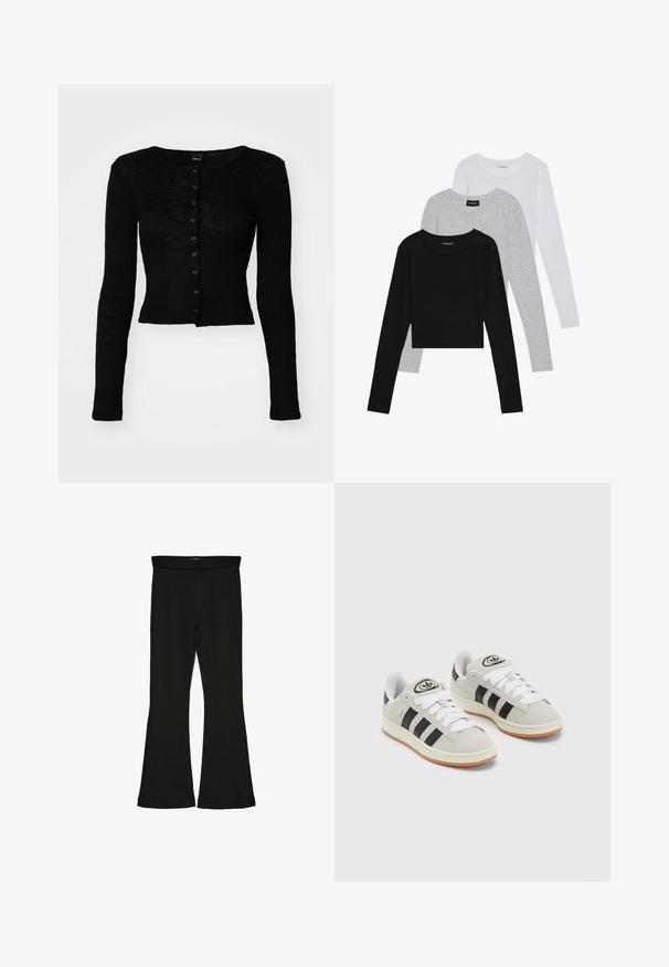 Mustalane pikad varrukad crop top ribatmaterjalist, ümmarguse kaelusega ja metallnööbiga nööpidega esiosa.; Kolm pikkade varrukatega toppi, mis on üksteise peale asetatud: must, hall ja valge. Igal ühel on ümar kaelus ja lühike disain, valmistatud siledast, kergekaalulisest kangast.; Mustad mustad sääred, mis on valmistatud venivast kangast. Omab laia vööd ja siledat tekstuuri, sobituv siluett, mis laieneb allservas.; Hallid hallid nahkrennid valgete paeltega, mustade triipudega ja valge kummitaldiga. Omab ümmargust logo keeles ja kummitalda.