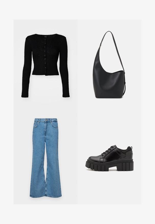 Musta pitkähihainen crop-top, joka on valmistettu ribbikankaasta. Siinä on pyöreä kaula-aukko ja nappikiinnitys metallinapeilla.; Musta ja valkoinen T-paita, pyöreä kaula-aukko, lyhyet hihat. Mustassa paidassa on keltainen auringon brodeeraus; valkoisessa on violetti puolikuu-aksentti.; Vaaleansiniset leveälahkeiset farkut, joissa on korkea vyötärö, viisi taskua ja yksi napin sulkeminen. Pehmeä pinta, jossa on haalistunut viimeistely.; Mustat nahkakengät, joissa on lättihenkinen korko, pyöreä kärki ja perinteinen nauhakiinnitys. Ominaisuuksiin kuuluu sileä pintakuvio ja minimaalinen yksityiskohtaisuus.; Musta nahkainen hobo-laukku, jossa on sileä pinta, kaareva muoto ja yksi säädettävä olkahihna; sisäänkäynti on leveä ylhäältä.