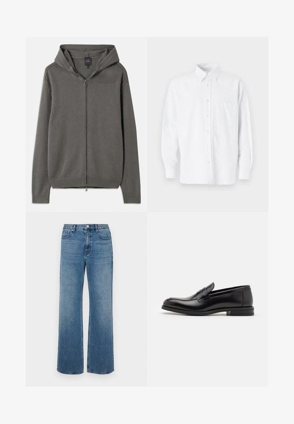 Pilkas megztas džemperis su pilnu priekyje užtrauktuku, banguotais rankogaliais ir apatine dalimi, bei su raišteliu reguliuojamu gobtuvu. Lygus tekstūros paviršius su paprastu dizainu.; Balta mygtukinė marškiniai su apykakle, turinti subtilias vertikalias juosteles, ilgomis rankovėmis, krūtinės kišene ir klasikiniais apvaliais kraštais.; Platus blaujos džinsai, pagaminti iš dėvėtos džinsinio audinio. Sukurtas su penkiomis kišenėmis, priekiniais sagčių uždarymu ir tiesiu kirpimu.; Juodos odinės loafers, turinčios lygų paviršių, apvalią noselę ir dekoratyvinę juostą per priekinę dalį. Žemas krentantis kulnas, minimalistinis dizainas.