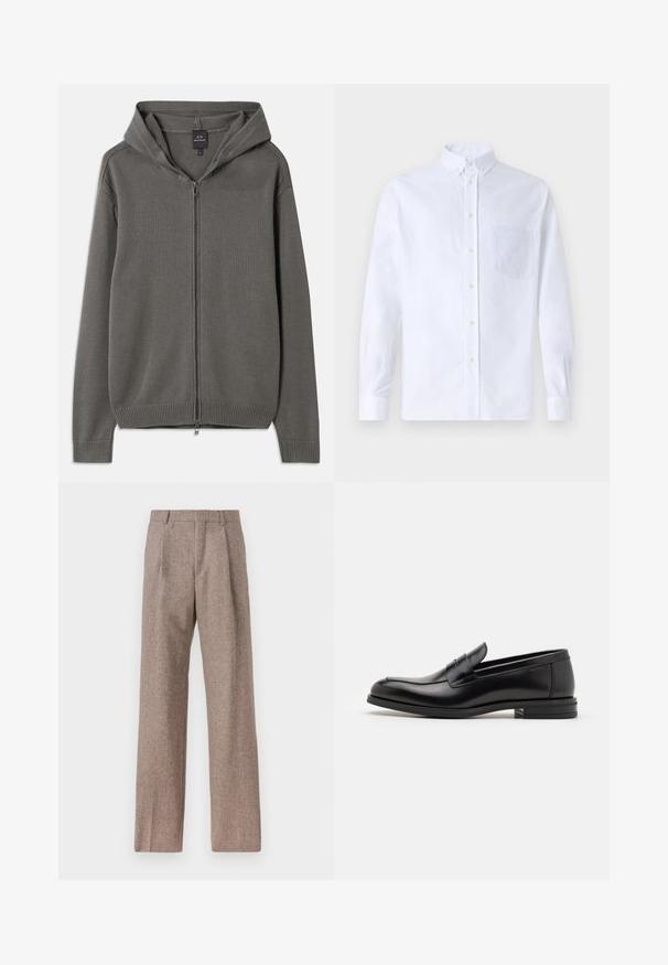 Šedá pletená mikina s plným predným zipsom, rebrovanými manžetami a lemom a kapucňou so sťahovacou šnúrkou. Hladká textúra a jednoduchý dizajn.; Biely dlhý rukáv košeľa s gombíkmi vyrobená z bavlny, s náprsného vrecka s tonálnou výšivkou, golierom a gombíkovými manžetami.; Hnedé, vysoké nohavice vyrobené z texturovanej látky. Majú široké nohavice a dva predné záhyby pre štruktúru. Úhľadné spracovanie bez viditeľného kovania.; Čierne kožené mokasíny s hladkou textúrou, zaoblenou špičkou a dekoračným pásikom cez priehlavok. Nízky vrstvený opätok, minimalistický dizajn.