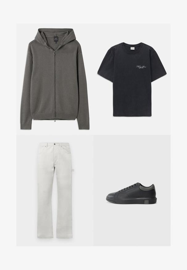 Hallhallane kudumiga kapuutsiga jakki, millel on täielik eesmine tõmblukk, soonikkoes varrukad ja serv. Sile tekstiil koos lihtsa disainiga.; Must have lühikesed varrukad ümmarguse kaelusega must T-särk, millel vasakul rinnal on väike valge "Filling Pieces" teksti logo.; Heledad hallid püksid sirge lõikega, valmistatud siledast puuvillakangast, millel on ees taskud ja küljetasku.; Musthave mustad nahk sneaker sileda viimistlusega, ümarate varvaste ja tummiste hallide aktsentidega. Omab paeltega kinnitust ja tekstureeritud kummist talla.