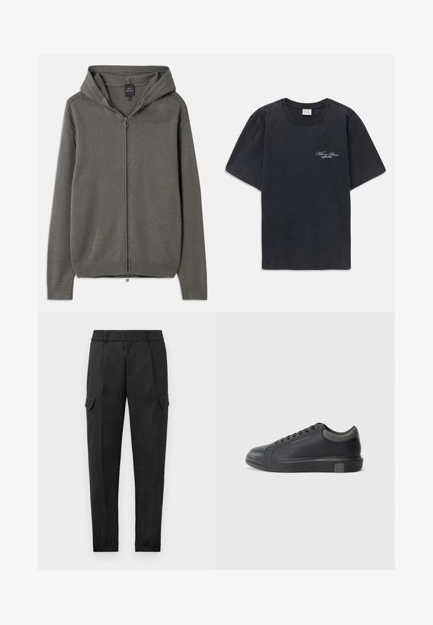 Hallhallane kudumiga kapuutsiga jakki, millel on täielik eesmine tõmblukk, soonikkoes varrukad ja serv. Sile tekstiil koos lihtsa disainiga.; Must have lühikesed varrukad ümmarguse kaelusega must T-särk, millel vasakul rinnal on väike valge "Filling Pieces" teksti logo.; Mustad musta värvi cargo-püksid elastse vöökohaga, kitseneva säärega, küljetaskute ning ühe cargo-taskuga vasakul reiel. Sile tekstuur.; Musthave mustad nahk sneaker sileda viimistlusega, ümarate varvaste ja tummiste hallide aktsentidega. Omab paeltega kinnitust ja tekstureeritud kummist talla.