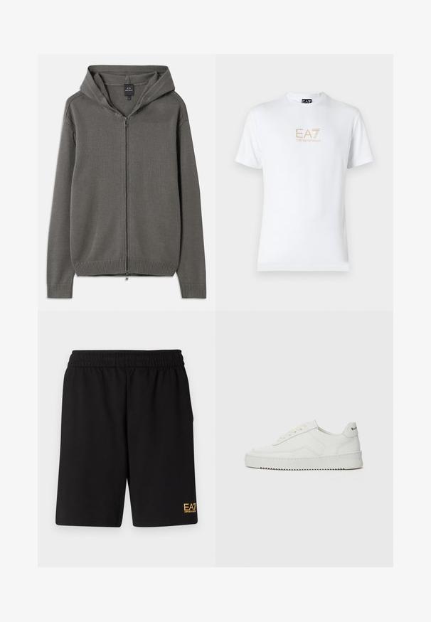 Grauer gestrickter Hoodie mit durchgehendem Reißverschluss, gerippten Bündchen und Saum sowie einer Kapuze mit Kordelzug. Glatte Textur mit einem schlichten Design.; Weißes Baumwoll-T-Shirt mit Rundhalsausschnitt und kurzen Ärmeln, mit einem goldenen EA7 Emporio Armani-Logo auf der Vorderseite.; Schwarze Sportshorts aus weichem Material, mit einem elastischen Bund und einem kleinen gelben EA7-Logo am unteren linken Bein.; Weiße Ledersneaker mit glatter Oberfläche, runder Zehenpartie, flachen Schnürsenkeln und strukturiertem Sohlenprofil. Mit einem dezenten Logo an der Ferse.