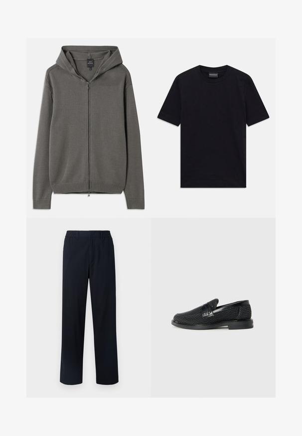 Szürke kötött kapucnis pulóver teljes elülső cipzárral, bordázott mandzsettákkal és szegéllyel, valamint húzózsinórral ellátott kapucnival. Simább textúrával és egyszerű dizájnnal rendelkezik.; Fekete, rövid ujjú, kereknyakú póló finom, dombornyomott mintával és márkacímkével a gallér belső oldalán, fehér háttérre lefektetve.; Tengerészkék nadrág, rugalmas derékkal, egyenes szárú fazon, textúrált anyag, látható zsebek vagy díszítések nélkül.; Fekete szőtt slip-on cipő sima bőr díszítéssel a felsőrészen, kerek orral és alacsony profilos gumitalppal.