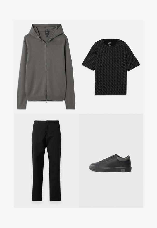Pilkas megztas džemperis su pilnu priekyje užtrauktuku, banguotais rankogaliais ir apatine dalimi, bei su raišteliu reguliuojamu gobtuvu. Lygus tekstūros paviršius su paprastu dizainu.; Juodas marškinėliai su tekstūruotu pakaitinių 'A' logotipų raštu, trumpomis rankovėmis ir apvalia iškirpte. Pagaminti iš lengvos medžiagos.; Juodos tiesios kojos kelnės su mygtuku ir užtrauktuku, diržo kilpomis ir priekinėmis kišenėmis, pateiktos ant baltos fono.; Juodos odinės sportinės bateliai su lygiu paviršiumi, apvaliu nose ir tamsiai pilkais akcentais. Turi raištelių dizainą ir tekstūruotą gumos padas.