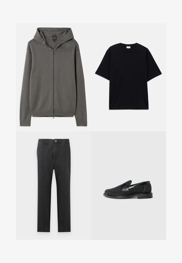 Hanorac tricotat gri cu fermoar pe toată lungimea din față, cu manșete și tiv ribbrate, precum și cu glugă cu șnur. Textură netedă și design simplu.; Tricou oversized cu mânecă scurtă, de culoare neagră, cu decolteu rotund și etichetă Filippa K vizibilă în interiorul gulerului.; Pantaloni negri cu talie elastică, față plată, două buzunare laterale și cusături decorative. Fără modele sau detalii de accesorii vizibile.; Pantofii negri din material textil, cu accent din piele netedă pe partea superioară, design cu vârf rotund și talpă din cauciuc de profil redus.