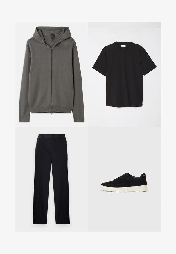 Sweatshirt cinza tricotado com fecho éclair frontal completo, punhos e bainha canelados, e capuz com cordão. Textura suave com um design simples.; T-shirt de algodão preto com decote redondo, mangas curtas e um corte descontraído. Design simples, textura suave e sem padrões ou logótipos visíveis.; Calças pretas com um tecido leve e texturizado, design de pernas retas, cintura elástica e bolsos laterais com fecho.; Sapatilhas de camurça pretas com design de atacadores e sola de borracha branca em contraste. Apresenta painéis laterais texturizados e uma marcação discreta no calcanhar.