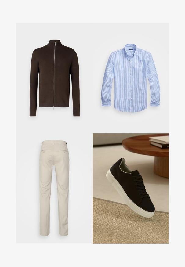 Barna, zipzáras pulóver magas nyakkal, texturált kötött anyagból készült. Hosszú ujjaival és bordázott mandzsettáival, valamint szegélyével rendelkezik.; Kék és fehér csíkos, hosszú ujjú pamut ing, gombos gallérral, elől gombokkal és egy kis hímzett logóval a mellkason.; Beige nadrág sima felülettel, egyenes szabással, két gombos hátsó zsebbel és normál derékrésszel.; Fekete sneakers fehér talppal lebeg egy bézs textúrájú szőnyeg felett, egy kerek fából készült asztal közelében, rajta egymásra pakolt könyvekkel.