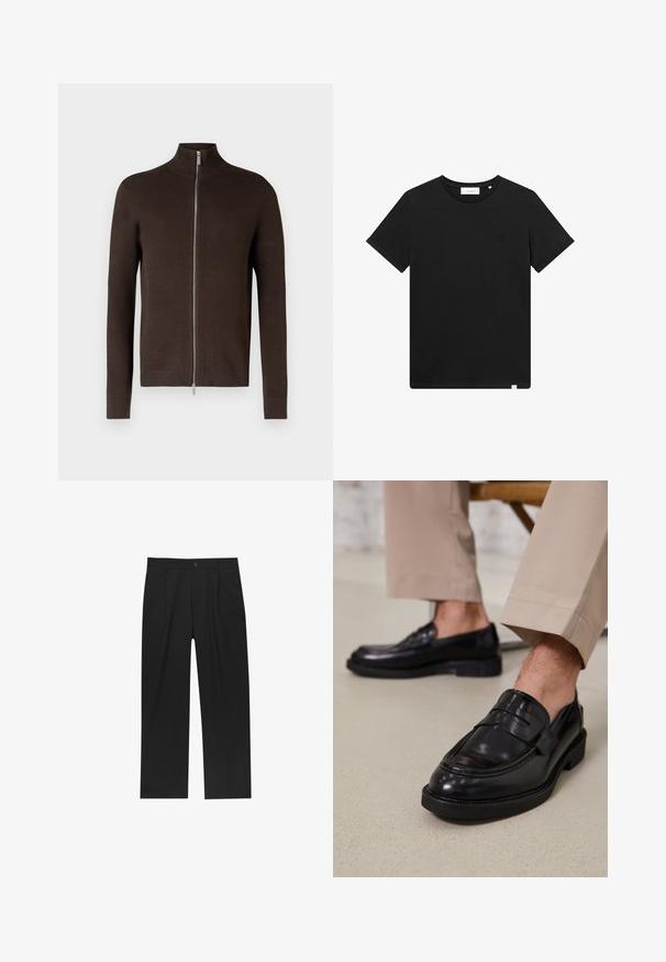 Barna, zipzáras pulóver magas nyakkal, texturált kötött anyagból készült. Hosszú ujjaival és bordázott mandzsettáival, valamint szegélyével rendelkezik.; Fekete rövid ujjú pamut póló, kerek nyakkal és egy kis géppel hímzett logóval a mellrészen. Sima tapintás, szabványos illeszkedés.; Fekete nadrág egyenes szárú kialakítással, sima anyagból készült. Elöl redők és egy gombos záródás található a derékon.; Fekete bőr loaferek sima felülettel, díszítő pánttal és kontrasztos varrással, bézs nadrággal párosítva.