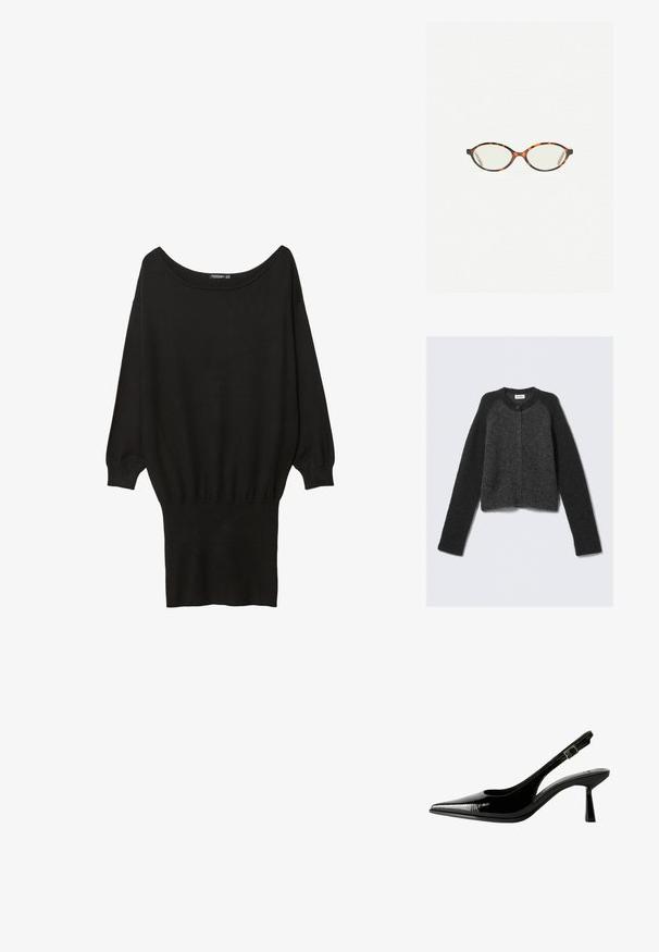 Czarnoszary krótki kardigan z miękkiej, teksturowanej tkaniny, z okrągłym dekoltem, długimi rękawami i zapięciem na guziki z przodu.; Czarny oversized sweter z szerokim dekoltem w łódkę, długimi rękawami, prążkowanymi mankietami i dopasowanym dolnym brzegiem, wykonany z miękkiego, teksturowanego materiału.; Czarne lakierowane pantofle na obcasie typu slingback z ostrym noskiem, wyciętymi bokami, regulowanym paskiem na kostce i cienkim, smukłym obcasem.; Okulary w kolorze tortoiseshell z owalnymi soczewkami i gładkim, eleganckim wykończeniem. Posiadają cienkie boki z delikatnym łukiem w okolicy skroni. Przezroczyste soczewki.; Czerwona skórzana torebka na ramię o zakrzywionym kształcie, gładkiej fakturze i zamek błyskawiczny. Posiada cienką rączkę do noszenia.