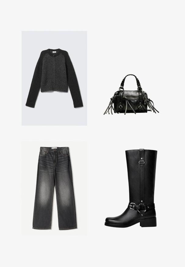 Cardigan accorciato grigio scuro realizzato in morbido tessuto testurizzato, con scollatura rotonda, maniche lunghe e chiusura con bottoni sul davanti.; Maglione a righe nere e grigie con una texture a costine, dotato di un ampio scollo e maniche lunghe. Etichetta: Massimo Dutti.; Jeans a gamba larga grigio scuro realizzati in denim, con cinque tasche, una chiusura frontale con zip e cuciture a contrasto lungo le cuciture.; Stivali neri alti in finta pelle con punta tonda, dettaglio della fibbia della cintura accentuata e tacco largo. Texture liscia e cucitura verticale sul gambale.; Borsa a mano in pelle nera con manici intrecciati, superficie testurizzata, tasca frontale con zip e dettagli decorativi in frange. Forma compatta e ben strutturata.