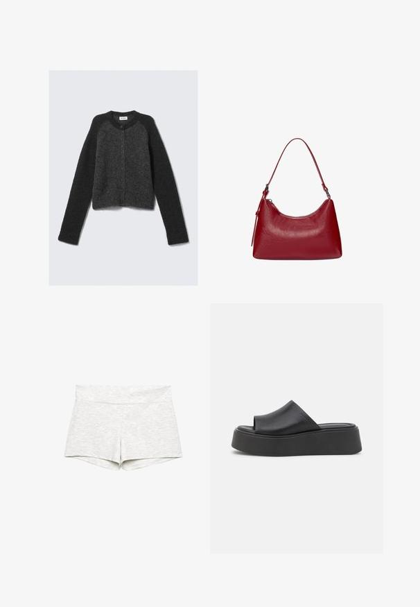 Tummanharmaa lyhyt neuletakki, joka on valmistettu pehmeästä, teksturoidusta kankaasta. Siinä on pyöreä pääntie, pitkät hihat ja napitus edessä.; Vaaleanharmaa narureppu, joka on valmistettu pehmeästä kankaasta, jossa on pyöreä pääntie ja nauha selässä. Repussa on hienovarainen tekstuuri.; Vaaleanharmaat joustavat shortsit, joissa on leveä vyötärönauha, sileä pinta ja yksinkertainen muotoilu. Reunat on viimeistelty ilman näkyviä kuvioita tai yksityiskohtia.; Musta alusta liukujalkine, joka on valmistettu sileästä synteettisestä materiaalista, ja jossa on avonainen varvasosa ja pyöristetty etuosa. Paksut, pehmustetut pohjat.; Punokas nahkainen olkalaukku, jossa on kaareva muotoilu, sileä pinta ja vetoketjuluukku. Laukussa on ohut kantohihna.