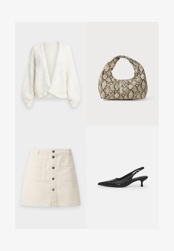 Cardigan blanc en maille côtelée avec devant ouvert, épaules tombantes et manches longues bouffantes avec poignets ajustés.; Pull à manches longues beige clair avec une texture côtelée, un col rond et une coupe ajustée. Tissu doux et poignets sans couture.; Mini jupe en velours côtelé beige avec fermeture à boutons sur le devant, deux grandes poches plaquées et passants de ceinture à la taille.; Chaussure slingback en cuir noir avec un bout pointu et un talon fin et incurvé. Dispose d'une sangle ajustable discrète avec une boucle en métal.; Sac à main en motif serpent avec une poignée incurvée. Fabriqué à partir de matériaux texturés beiges et bruns, présentant un motif en diamant distinctif.