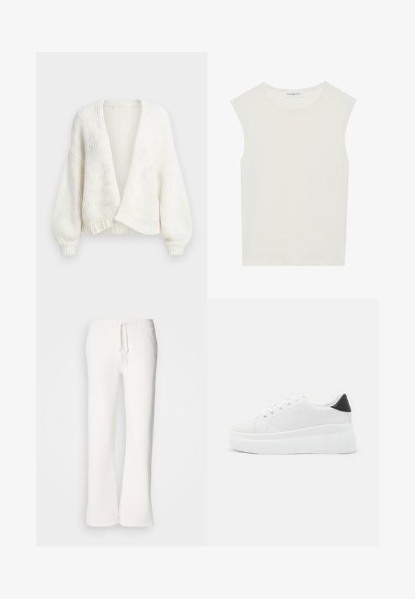 Balta ribota adīta kardigāna ar atvērtu priekšu, nolaistām pleciem un gariem balona formālu piedurknēm ar pieguļošiem aprocēm.; Balts bez piedurknēm tops ar apaļu kakla izgriezumu. Izgatavots no gludas auduma, tam ir brīvs piegriezums un minimālistisks dizains. Nav nekādas rakstainības vai akcentu.; Baltas, brīvi pieguļoši sporta bikses, izgatavotas no mīkstas auduma, ar elastīgu jostu un aukliņu, kā arī taisna kāju dizainu.; Baltas platforma kedas, izgatavotas no gludas sintētiskas vielas, ar noapaļotu purngalu, saites dizainu un teksturētu gumijas zoli. Melna papēža akcenta detaļa.