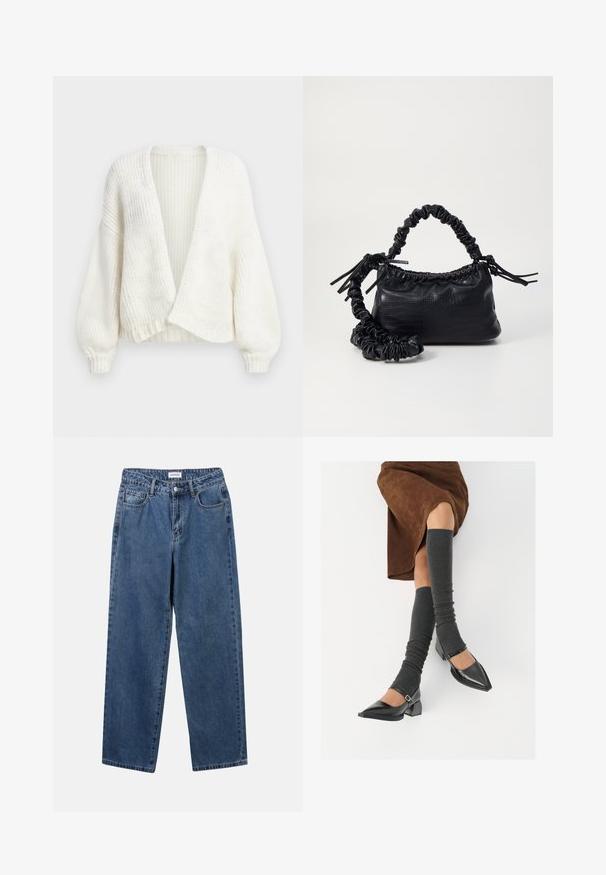 Cardigan bianco in maglia a coste con apertura frontale, spalle scese e maniche lunghe a palloncino con polsini aderenti.; Crop top in maglia color avorio. Maniche lunghe con texture a coste e piccoli dettagli con tagli intorno al colletto.; Jeans in denim blu classico con design a gamba dritta, cinque tasche e chiusura con bottone. Presentano un lavaggio medio e una trama robusta.; Scarpe nere in pelle verniciata con punta affilata, tacco a blocco e cinturino alla caviglia, abbinate a scaldamuscoli grigi a coste e una gonna in suede marrone.; Borsa a tracolla in ecopelle nera con texture a coccodrillo, apertura cinchata e tracolla arricciata. Si presenta con un design morbido e compatto.