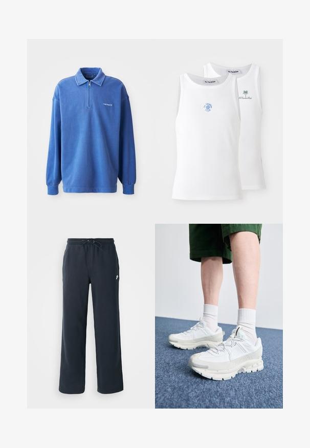 Blå pullover sweatshirt med lynlås krave, lange ærmer, ribbede manchetter og et lille logo på brystet. Fremstillet af blødt, struktureret stof.; To hvide tanktops med ribbet tekstur, prydet med broderede logoer i blå og grøn. Den ene har et soldesign, mens den anden har et palmetræ.; Mørkeblå sweatpants med elastisk talje og snoretræk. Lavet af blødt stof og med et lille hvidt logo på venstre hofte.; Hvide atletiske sko med teksturerede overlays, en chunky sål og grå accenter. Båret med hvide ankelstrømper og grønne shorts på en blå overflade.