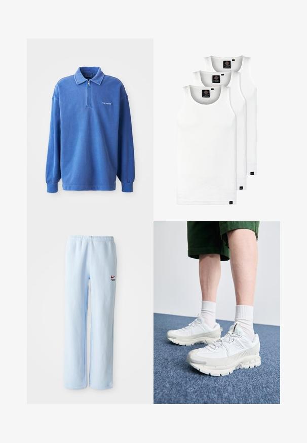 Bluză pulover albastră cu guler cu fermoar, mâneci lungi, cu manșete ribbed și un logo mic pe piept. Fabricată dintr-un material moale, texturat.; Trei maieuri albe ribbate din bumbac. Au un guler rotund și etichete negre mici lângă tiv. Disponibile în mai multe mărimi.; Pantaloni sportivi de culoare bleu deschis, cu talie elastică, având un mic logo roșu Nike și textul "Departamentul Sportiv". Material moale din bumbac.; Pantofi sport albi cu suprapuneri texturate, talpă masivă și accente gri. Purtați cu șosete albe până la glezne și pantaloni scurți verzi pe o suprafață albastră.