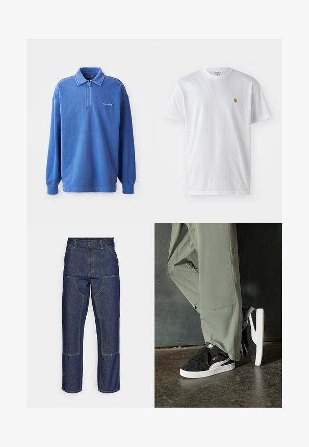 Plavi dukserica s patentnim zatvaračem na ovratniku, dugim rukavima, rebrastim manžetama i malim logotipom na prsima. Izrađena od mekanog, teksturiranog materijala.; Bijela pamučna majica kratkih rukava s okruglim izrezom, sa malim zlatnim logotipom na lijevoj strani prsnog koša. Mekana tekstura i standardni kroj.; Tamno plave traperice s visokim strukom, ravnog kroja, kontrastnim šavovima i otvorenim džepovima sprijeda.; Crne nubuk tenisice s bijelim gumennim potplatima i bočnim trakama, uparene s svijetlozelenim cargo hlačama, stoje na teksturiranoj tamnoj površini.