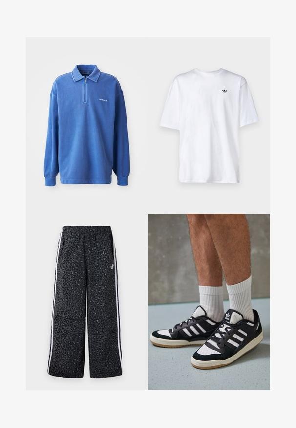 Μπλε πουλόβερ φόρμα με φερμουάρ στον γιακά, μακριά μανίκια, ριμπ μανσέτες και μικρό λογότυπο στο στήθος. Φτιαγμένο από μαλακό, υφαντό ύφασμα.; Λευκή βαμβακερή μπλούζα t-shirt με στρογγυλή λαιμόκοψη και κοντά μανίκια, που διαθέτει ένα μικρό μαύρο λογότυπο της Adidas στο στήθος.; adidas Originals GRAPHIC UNISEX - Παντελόνι φόρμας - black; Μαύρα και λευκά αθλητικά παπούτσια με άνω μέρος από σουέτ και δέρμα, featuring τρεις λευκές ρίγες, περατά δάχτυλα και σόλα από καουτσούκ τύπου γκαστ.