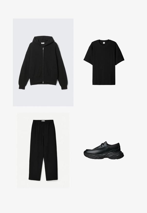 Černá pletená mikina s kapucí na zip, žebrovaná textura, široké rukávy a volný střih. Má stříbrný zip a měkkou podšívku.; Černé krátké rukávy s žebrovaným vzorem, kulatým výstřihem a volnějším střihem, s texturovaným povrchem. Jednoduchý design; bez grafiky nebo akcentů.; Černé kalhoty s širokými nohavicemi vyrobené z lehkého materiálu. Mají elastický pas a hladkou texturu. Bez viditelných vzorů nebo kovových detailů.; Černé kožené nazouvací boty s kulatou špičkou a silnou texturovanou gumovou podrážkou. Mají jemné švy a elastické akcenty kolem límce.