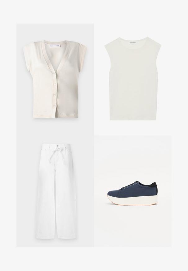 Selected Femme SLFIRA CARDIGAN - Kardiganas - birch; Balta be rankovių palaidinė su apvaliu kaklu. Pagaminta iš lygios medžiagos, ji turi laisvą siluetą ir minimalistinį dizainą. Be raštų ar akcentų.; Balti platūs medvilniniai kelnes su raišteliu juosmens, vienu mygtuku užsegimu ir priekinėmis kišenėmis. Lygus paviršius, be raštų.; Tamsiai mėlynas sportinis batelis su tekstūruotu audiniu viršuje, baltu platformos padu, apvaliu pirštu ir juodu kulno akcentu.š. Yra šešios skylės raišteliams.