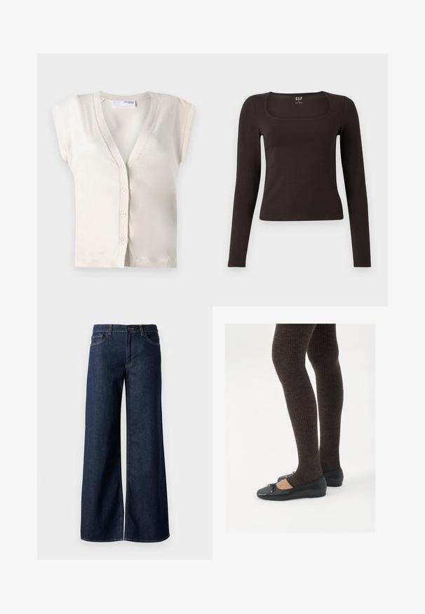 Selected Femme SLFIRA CARDIGAN - Kardigán - birch; Čierny priliehavý top s dlhým rukávom a štvorcovým výstrihom, označený značkou GAP, zobrazený na bielom pozadí.; Džínsy s širokými nohavicami v tmavomodrom denime. Obsahujú kontrastné prešívanie, päť vreciek a gombíkový zips v oblasti pása. Hladká textúra.; Čierne ploché topánky s malou mašľou na špičke, v kombinácii s tmavohnedými rebrovanými pančuchami. Topánky majú hladký povrch a nízky profil.