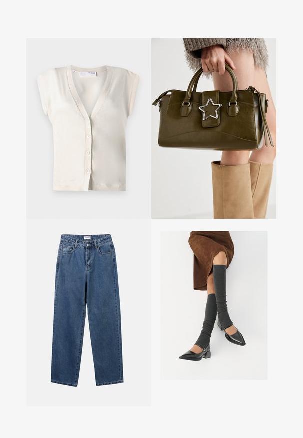 Selected Femme SLFIRA CARDIGAN - Kardigan - birch; Kreemjas trikotaažist lühike topp. Pikad varrukad, millel on ribakujuline tekstiil ja väikesed lõikeavad kaeluse ümber.; Klassikalised sinised denimists teksad otsejalaga disainiga, viie taskuga ja nööbisuletusega. Omab keskmist pesu ja tugevat tekstuuri.; Mustad patsaline odav värviga kingad, millel on kreen ja pahkluuring, on paaritatud hallide ribakudumitega sääremiidega ja pruunist nahast seelikuga.; Oliivroheline kunstnahast käekott koos hõbedase tähe aktsendiga, kahe käepideme ja luku sulgemisega. Tekstuuriga pind ja struktureeritud kuju.