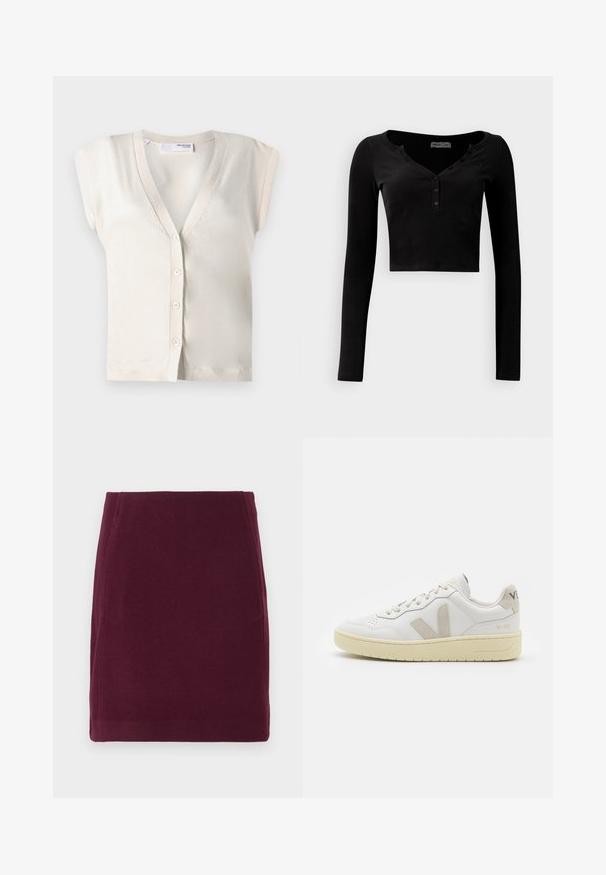 Selected Femme SLFIRA CARDIGAN - Chaqueta de punto - birch; Top negro corto de manga larga hecho de tela acanalada, con un escote en forma de V y una hilera de tres botones en la parte delantera.; Vero Moda VMFORTUNALLISON SHORT - Falda acampanada - winetasting; Zapatilla de piel blanca con acentos de ante beige, caja de puntera perforada, cordones planos y suela texturizada en color crema. Cuenta con un branding sutil en el talón.