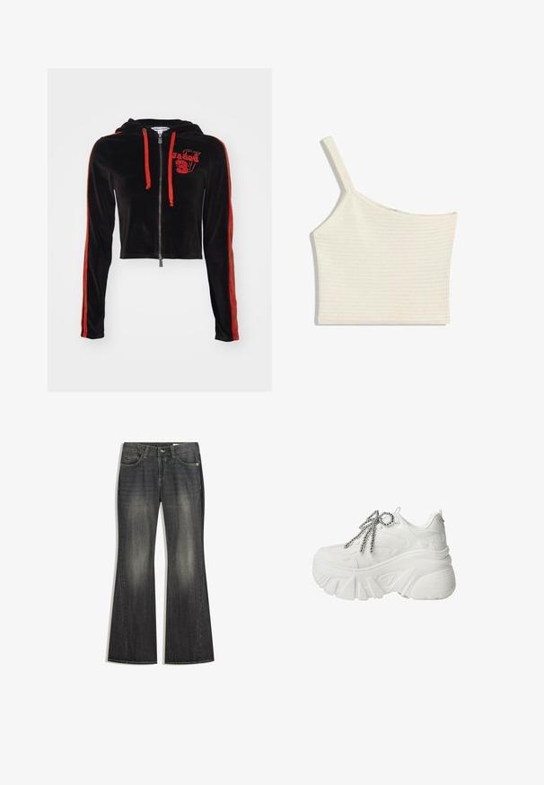 Felpa cropped in velluto nero con zip rossa, cordini e strisce laterali. Presenta un logo ricamato sul davanti. Texture liscia.; Crop top bianco a spalla unica realizzato in tessuto a maglia testurizzato. Presenta un'unica tracolla e un orlo dritto, con sottili dettagli a coste.; Jeans in denim scuro a gamba svasata con una leggera sfumatura, cinque tasche e cuciture a contrasto, dotati di chiusura standard a bottone e zip.; Sneakers platform in materiale sintetico bianco con suola spessa, dotati di design testurizzato e lacci metallici argento.
