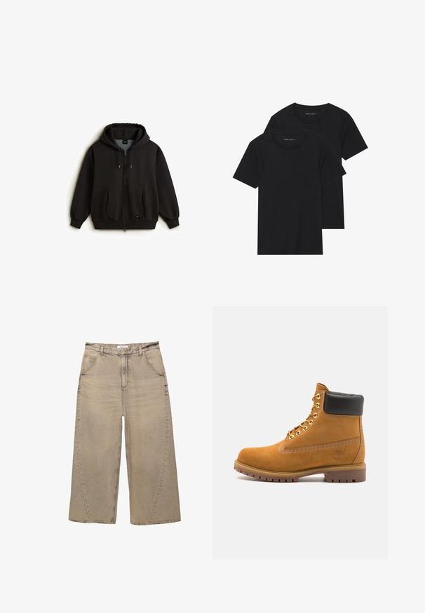 Felpa nera con zip, realizzata in tessuto morbido, dotata di tasca frontale, cappuccio con coulisse e polsini a costine. Patch con logo sulla parte inferiore sinistra.; Due magliette nere di cotone a maniche corte, con scollatura rotonda e una texture liscia, esposte impilate insieme.; PULL&BEAR MEGA BAGGY - Jeans baggy - light grey; Stivale alla caviglia in suede tan con collare imbottito nero, occhielli in metallo dorato, dettagli in cucitura bianca e suola in gomma robusta con battistrada pronunciato.