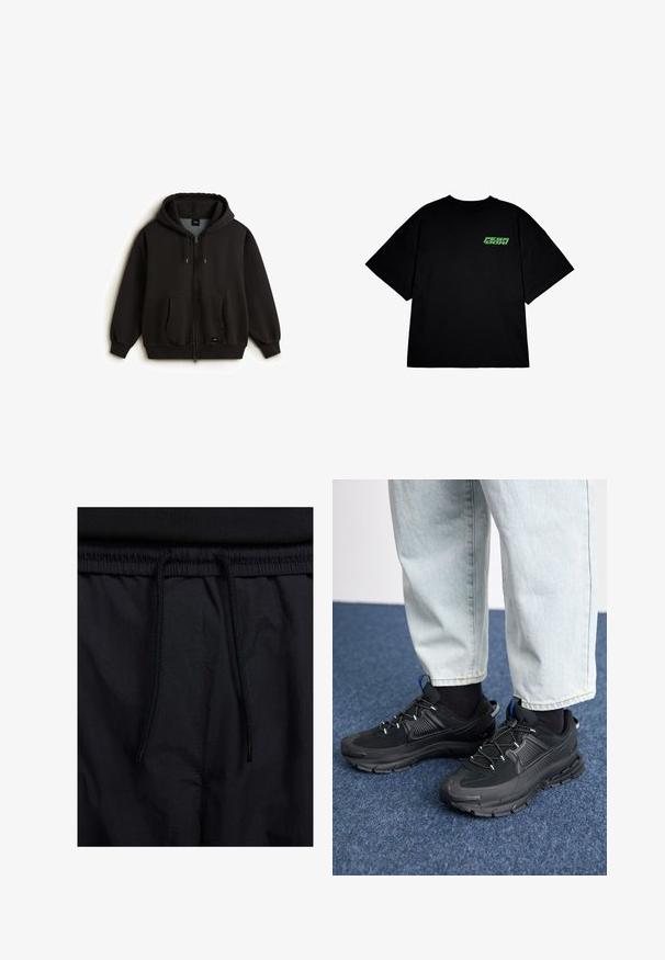 Sudadera negra con cremallera fabricada en un tejido suave, con un bolsillo frontal, capucha con cordón y puños de canalé. Parche del logo en la parte inferior izquierda.; Camiseta negra de gran tamaño hecha de algodón, con mangas cortas y un logo verde en el lado izquierdo del pecho. Diseño simple de cuello redondo.; Pantalones cortos negros con cinturilla ajustable, tejido ligero con una textura suave y un diseño sencillo sin logotipos visibles ni patrones.; Zapatillas deportivas negras con tejido texturizado y suelas de goma, con cordones elásticos y un acento azul en el talón. Combinadas con pantalones de mezclilla claros.
