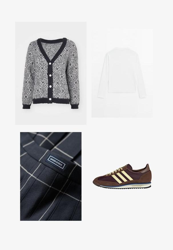 Grijze en zwarte gebreide cardigan met een V-hals, geribbelde manchetten en vijf decoratieve knopen aan de voorkant. Dikke brei textuur.; Effen witte langslopende shirt met lange mouwen, ronde hals, van achteren weergegeven, plat gelegd op een witte achtergrond.; Marineblauwe geruite broek met witte lijnen, met een genaaid label dat "SUPERDRY" leest. De stof heeft een gladde en stevige textuur.; Bruine en bordeauxkleurige sneaker van suede en mesh materiaal, met drie crèmekleurige strepen, een gemêleerd stof op de tong en een rubberen zool.