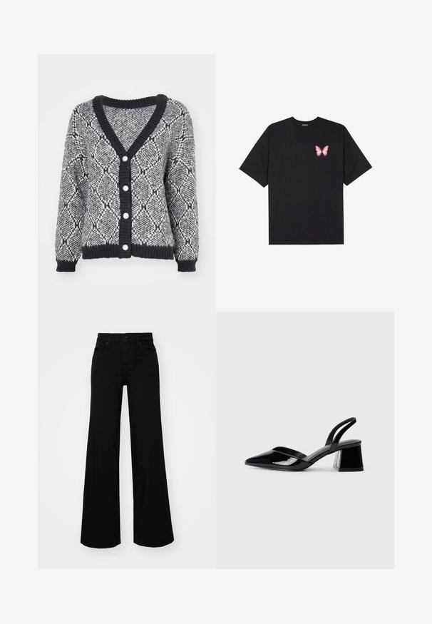 Sivino in črno vzorčasto kardigan s V-izrezom, rebrastimi manšetami in petimi okrasnimi gumbi spredaj. Debela pletenina.; Črna bombažna majica s kratkimi rokavi, ki ima majhen roza metuljček na levi strani prsnega dela. Majica s krožnim ovratnikom in sproščenim krojem.; Črne široke denim hlače s strukturiranim pasom, z zankami za pas in sprednjimi žepi. Gladka tekstura s klasičnim dizajnom.; Črne lakirane slingback pete s koničastim nosom in geometrijsko blokasto peto. Imajo eleganten, minimalističen dizajn in gladko teksturo.