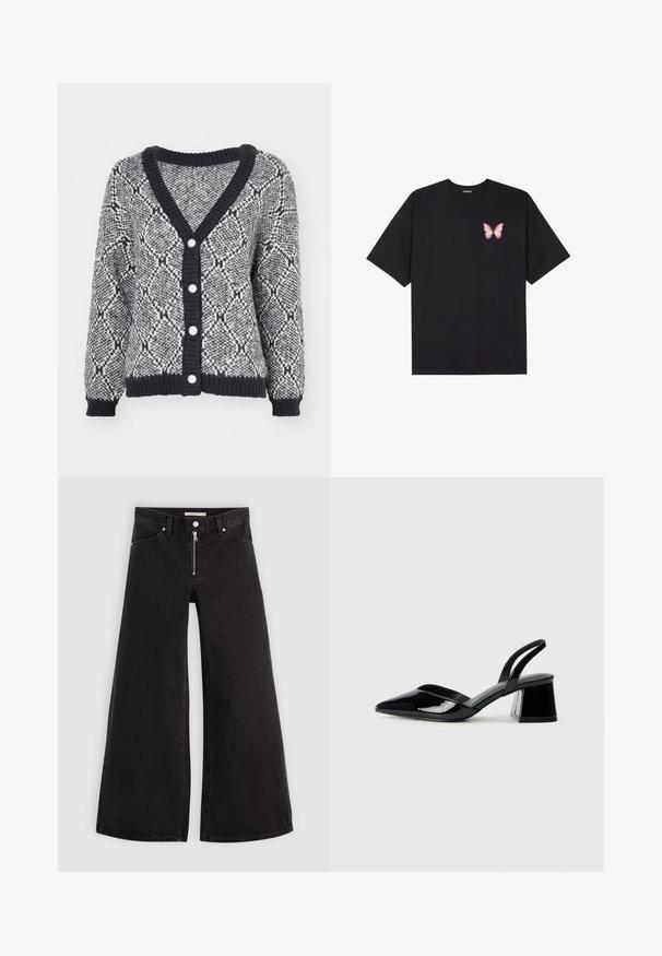 Grau und schwarz gemusterter Cardigan mit V-Ausschnitt, gerippten Bündchen und fünf dekorativen Knöpfen auf der Vorderseite. Grobstrick-Textur.; Schwarzes Baumwoll-T-Shirt mit kurzen Ärmeln, das ein kleines pinkes Schmetterlingsmotiv auf der linken Brust zeigt. Crewneck-Design mit einem entspannten Schnitt.; Schwarze Denim-Jeans mit weitem Bein, Reißverschluss vorne, Fünf-Taschen-Design und dezenten Stickdetails. Glatte Textur und lässiger Stil.; Schwarze Lackleder-Slingback-High Heels mit spitzem Schuh und einem geometrischen Blockabsatz. Verfügt über ein schlankes, minimalistisches Design und eine glatte Textur.