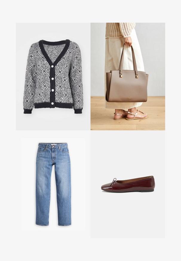 Grau und schwarz gemusterter Cardigan mit V-Ausschnitt, gerippten Bündchen und fünf dekorativen Knöpfen auf der Vorderseite. Grobstrick-Textur.; Drei ärmellose Tanktops: marineblau, rot und weiß. Weicher, elastischer Stoff mit runden Ausschnitten und einem klassischen Schnitt.; Hellblaue Jeans aus Denim mit geradem Schnitt, fünf Taschen und Reißverschluss. Der Stoff hat eine klassische, strukturierte Oberfläche mit leichter Ausbleichung.; Burgunderfarbenes, lackiertes Ballettschuh mit abgerundetem Zehenbereich, kleiner Schleifenakzent vorne und einer niedrigen, schwarzen Gummisohle. Glatte Textur.; Braune synthetische Tragetasche mit zwei langen Griffen, quadratischen metallischen Akzenten und einem dezenten Logo. Getragen mit einem hellcremigen Rock und Sandalen.