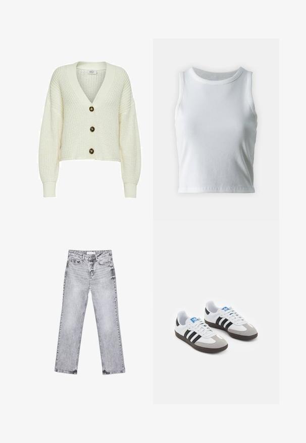 Romige gebreide cardigan met een diepe V-hals, voorzien van drie grote donkere knopen en geribde manchetten. Korte ontwerpfunctie met een gestructureerde stof.; Witte geribde tanktop met een ronde halslijn en mouwloos ontwerp, voorzien van een rechte zoom en een gladde, rekbare textuur.; Grijze denim jeans met een rechte pijp, versleten details, vijf zakken en koperen klinknagels. De tailleband is voorzien van een logo-label.; Sportschoenen met een witte leren bovenkant, grijze suède neus en drie zwarte strepen. Bevat een blauw logo op de tong en een gestructureerde rubberen zool.