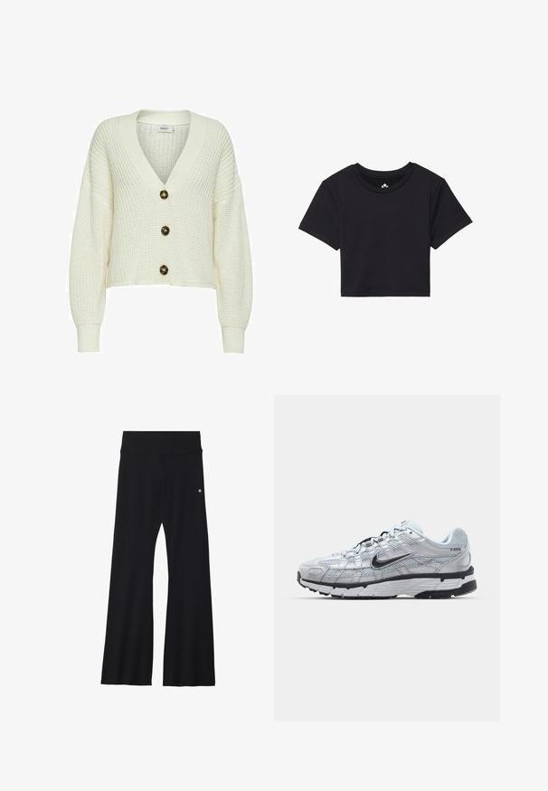 Kremeni pleteni kardigan s dubokim V-izrezom, koji ima tri velika tamna gumba i rebraste manžete. Kratki dizajn s teksturiranim materijalom.; Crna skraćena majica s kratkim rukavima, okruglim izrezom, izrađena od glatkog materijala. Minimalistički dizajn bez vidljivih uzoraka ili akcenata.; Crne razrađene joge hlače od rastezljivog materijala, s širokim pojasom i malim logom blizu boka. Glatka tekstura, bez uzoraka.; Nike P-6000 tenisice sa svijetlosivom mrežastom gornjištu, crnim akcentima i izdržljivom crnom gumenom potplatu. Sadrže složen dizajn i sustav vezivanja.