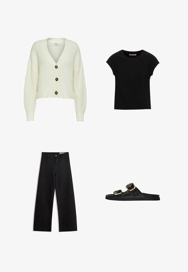 Cremefarbene Strickjacke mit einem tiefen V-Ausschnitt, ausgestattet mit drei großen dunklen Knöpfen und Rippbündchen. Cropped-Design mit strukturiertem Stoff.; Schwarzes Kurzarm-T-Shirt aus weichem Stoff, mit Rundhalsausschnitt und lockerer Passform, glatter Textur und ohne Muster.; Schwarze weit geschnittene Jeans mit hoher Taille, ausgestattet mit Vorder- und Hintertaschen, gesteppten Nähten und einem Knopfverschluss. Glatte Textur.; Schwarze Riemensandale mit zwei goldenen Schnallendetails, glattem Material, flachem Sohlen und minimalistischer Gestaltung.
