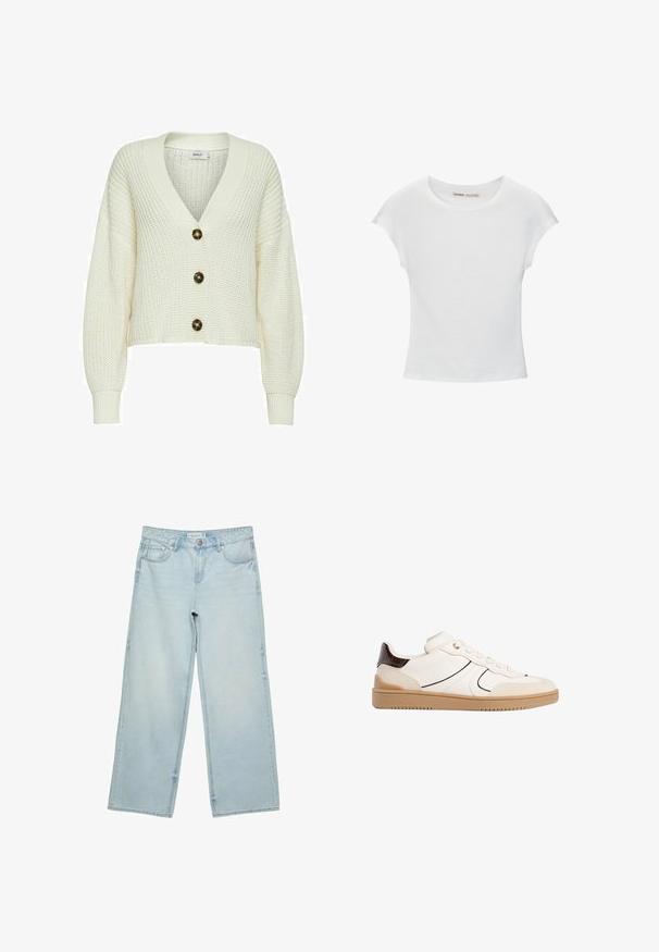 Kremowy sweter długi z dekoltem w serek, z trzema dużymi ciemnymi guzikami i ściągaczami przy mankietach. Krótszy fason z fakturowanej tkaniny.; Biała bawełniana koszulka z okrągłym dekoltem, rękawami typu cap i dopasowanym krojem. Gładka faktura, bez wzorów i ozdób.; Jasnoniebieskie jeansy o szerokich nogawkach, wykonane z denimu, z wysokim stanem, pięcioma kieszeniami i delikatnym efektem wyblaknięcia. Prosty krój z wykończonymi brzegami.; Stradivarius - Sneakersy niskie
