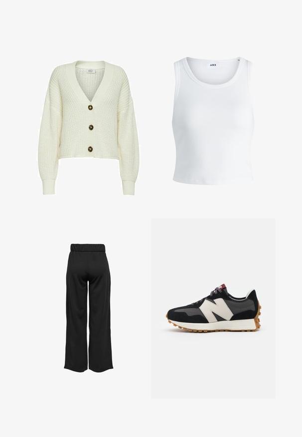 Cremefarbene Strickjacke mit einem tiefen V-Ausschnitt, ausgestattet mit drei großen dunklen Knöpfen und Rippbündchen. Cropped-Design mit strukturiertem Stoff.; Weißes, geripptes Tanktop mit rundem Halsausschnitt, ärmellosem Design und kurzer Länge. Das Etikett trägt die Aufschrift "JJXX". Glatte Stoffstruktur.; Schwarze, weit geschnittene Hose mit elastischem Bund, aus glattem Stoff gefertigt. Hat ein cleanes Design ohne Taschen oder sichtbare Nähte.; Schwarze und graue Wildledersneaker mit einem großen cremefarbenen "N"-Logo, lila Schnürsenkeln und einer strukturierten Gummisohle.