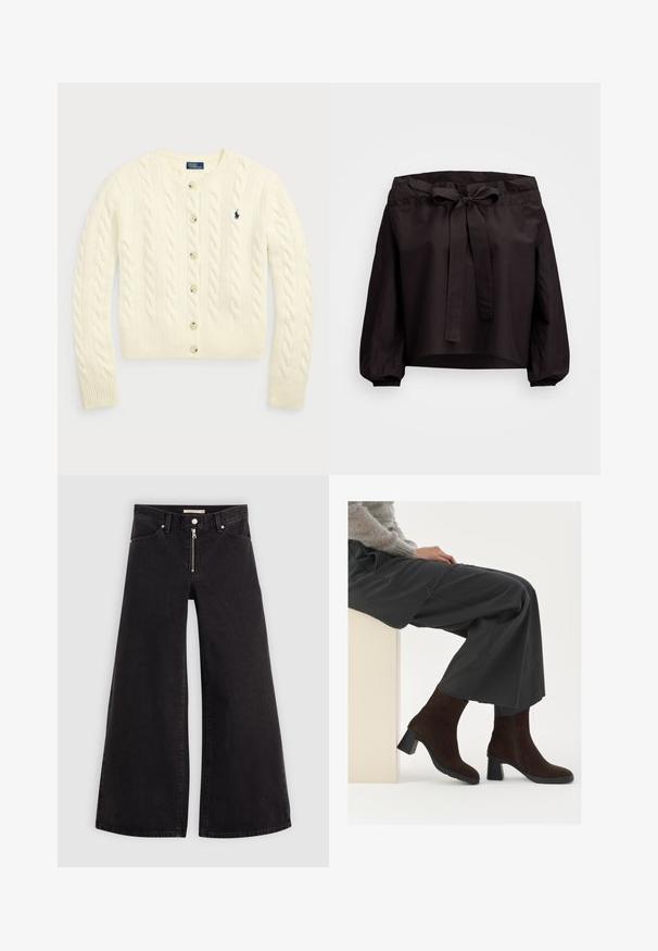 Polo Ralph Lauren CABLE-KNIT WOOL-CASHMERE CARDIGAN - Vesta na kopčanje - authentic cream; Crni kratki top sa suženim strukom, s prednjim vezanjem i elastičnim manžetama. Izrađen od lagane tkanine s glatkom teksturom.; Široke traperice od crnog denima s prednjim zatvaračem, dizajnom s pet džepova i suptilnim detaljima šivanja. Glatka tekstura i ležeran stil.; Smeđe nubuk gležnjače s blok petom i bočnim patentnim zatvaračem, uparene s laganim sivim hlačama, sjedeći uz svijetli postament.