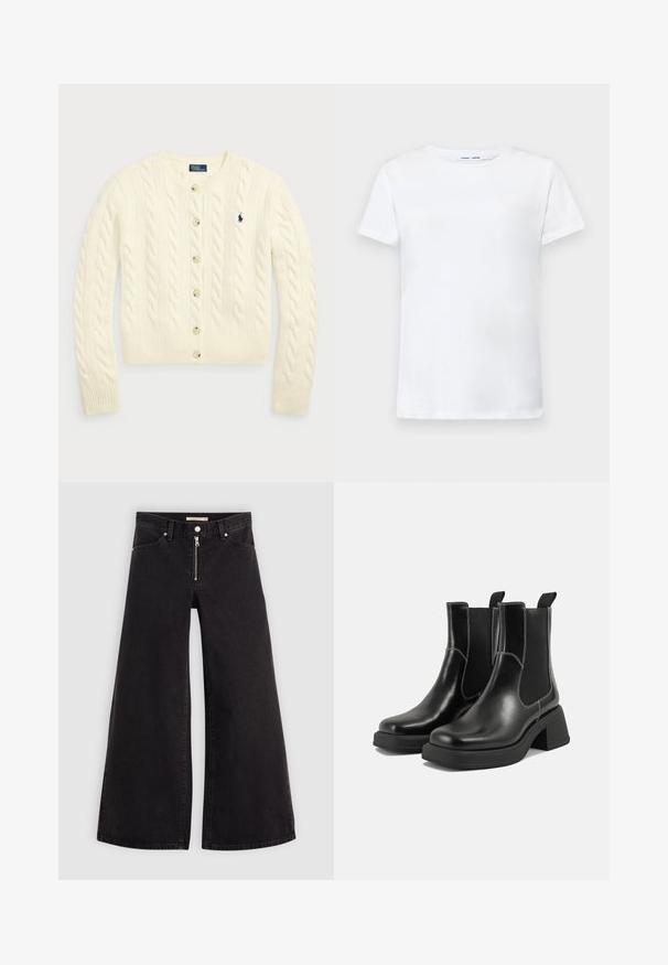 Polo Ralph Lauren CABLE-KNIT WOOL-CASHMERE CARDIGAN - Adīta jaka - authentic cream; Balta īsām piedurknēm T-krekls, izgatavots no kokvilnas, ar apaļu kakla izgriezumu. Gluda tekstūra un taisna piegriezuma, bez rakstiem vai akcentiem.; Platas kājas džinsi melnā džinsa audumā ar rāvējslēdzēju priekšā, piecu kabatu dizains un smalkas šuvju detaļas. Gluda tekstūra un ikdienišķs stils.; Melni ādas Čelsijas zābaki ar masīvu papēdi, elastīgām sānu panelēm un kontrastējošu balto šuvumu. Teksturēts apdare.