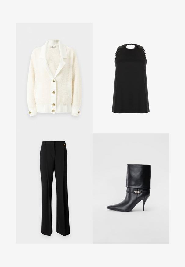 Kremowy kardigan o teksturze, z prążkowanym kołnierzem szalowym, prążkowanymi mankietami i dołem, dwiema przednimi kieszeniami oraz złotymi guzikami z przodu i przy mankietach.; Czarny bezrękawnik z wysokim dekoltem, z postrzępionymi koronkowymi akcentami na ramionach oraz gładką, miękką teksturą.; Czarne spodnie z szerokimi nogawkami, wykonane z gładkiego materiału, w dopasowanym kroju z złotymi detalami na pasku.; Czarne skórzane botki za kostkę z ostrym noskiem, wysokim obcasem w kształcie stiletto, z załamanym mankietem oraz złotym dekoracyjnym zapięciem na kostce.