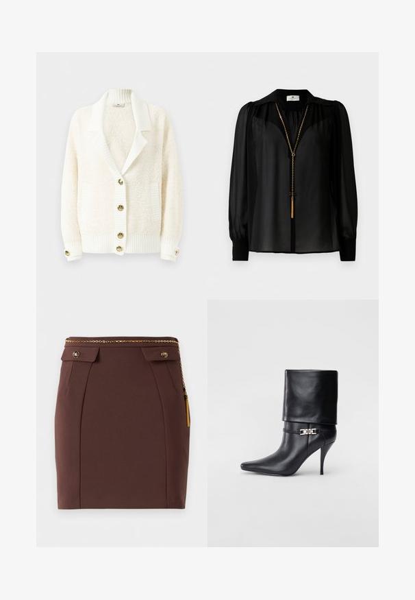 Kremo tekstūros kardiganas su juostos formos apykakle, juostuotais rankogaliais ir apatine dalimi, dviem priekinėmis kišenėmis ir auksinės spalvos mygtukais priekyje ir ant rankogalių.; Juoda permatoma ilgomis rankovėmis bliuzė su plačia apykakle ir auksiniu grandininiu kaklo papuošalu su kutu, kabančiu priekyje.; Ruda prigludusi mini sijonas su auksiniu grandinės diržu, dekoratyvinėmis mygtukų sklendėmis ir auksinių franjų detale ant vientiso fono.; Juodos odinės kulkšninių botų su smailiu nosiu, aukštu stiletto kulnu, apvyniojamu kraštu ir auksine dekoratyvine sagtimi prie kulkšnies.