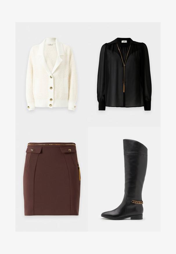Krémový kardigan s texturou, s žebrovaným šálovým límcem, žebrovanými manžetami a lemem, dvěma předními kapsami a zlatými knoflíky na přední části a manžetách.; Černá průhledná blůza s dlouhým rukávem a širokým límcem, se zlatým řetízkem s přívěskem s třásněmi visícím vpředu.; Hnědá přiléhavá mini sukně se zlatým řetízkovým páskem, ozdobnými zaklapávacími klopy a zlatým třásňovým detailem na jednolitém pozadí.; Vysoké černé kožené boty s elegantním designem, špičatou špičkou a zlatým řetízkem na kotníku. Nízký blokový podpatek. Hladká textura.