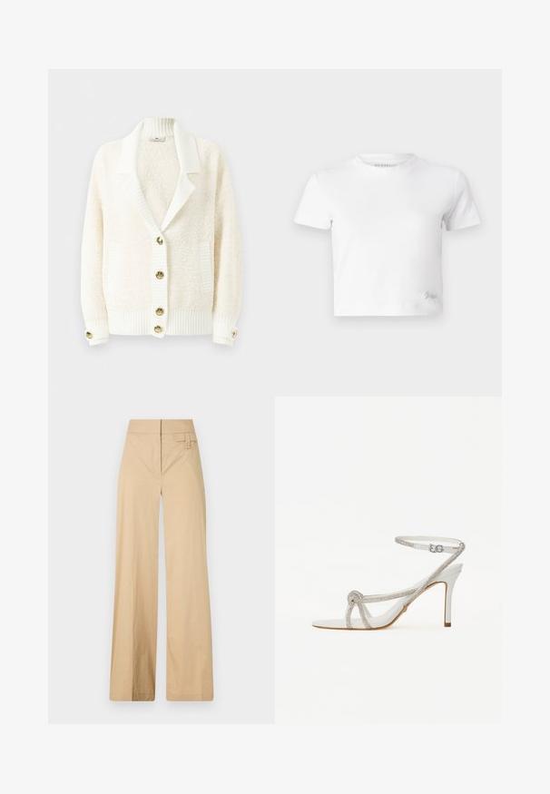 Cream textured cardigan with ribbed shawl collar, ribbed cuffs and hem, two front pockets, and gold-tone buttons down the front and cuffs.; White cropped t-shirt made of smooth cotton, featuring a high neckline and short sleeves. Small embroidered logo in the bottom corner.; Beige wide-leg pants made of cotton blend fabric. Features a smooth texture, elastic waistband, and a side button detail.; White high-heeled sandal with a textured strap featuring rhinestones, open toe design, and ankle strap with adjustable buckle.