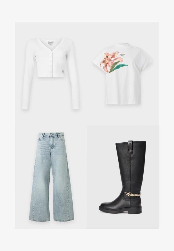 Baltas trumpas kardiganas su V formos kaklu, ilgomis rankovėmis ir šešiais mygtukais priekyje. Yra nedidelis prekės ženklo ženkliukas apačioje kairėje pusėje.; Balta medvilninė marškinėliai trumpomis rankovėmis su rožiniu gėlių raštu ir žaliais lapais kairėje pusėje. Virš rašto yra pilkas "Guess" logotipas.; Šviesiai mėlynos džinsinės plačios kojos kelnės su aukštu liemeniu, su mygtuko uždarymu, penkiomis kišenėmis ir suplėšytais kraštais.; Juodai oda iki kelių batų su tekstūruotu paviršiumi, su dekoratyvia auksine grandine ir plokščiu guminio pado.