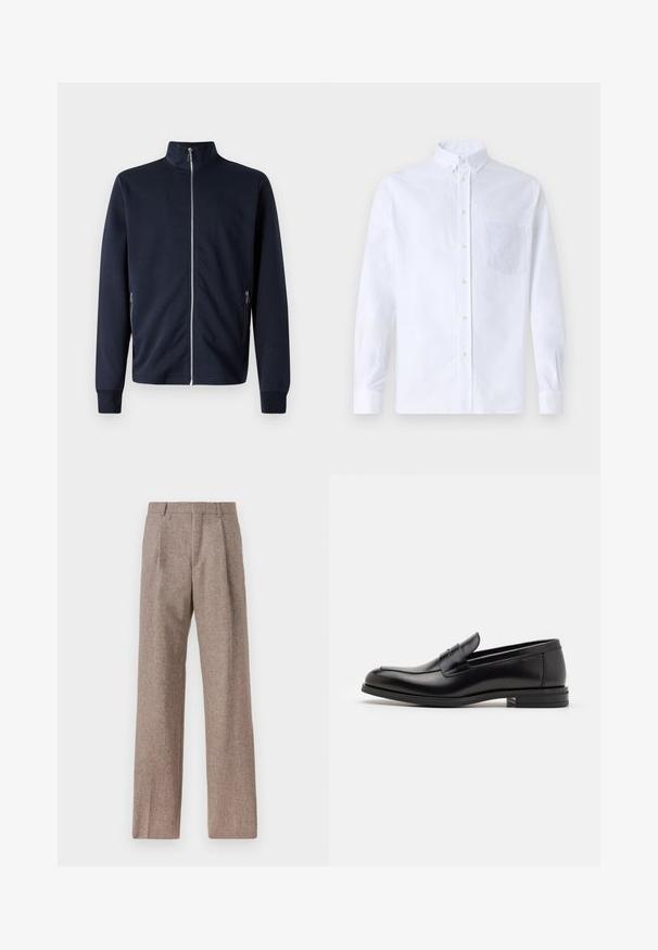 Sötét tengerészkék zipzáras dzseki magas gallérral, hosszú ujjal, oldalsó zipzáras zsebekkel és bordázott mandzsettákkal, sima anyagból készült.; Fehér, hosszú ujjú, gombos ing pamutból, mellzsebbel, tónusos hímzéssel, gallérral és gombos mandzsettával.; Barna, magas derekú nadrág texturált anyagból. Széles szárai és két elülső redője biztosítja a struktúrát. Ízléses kivitel, látható fémszerelés nélkül.; Fekete bőr loaferek sima textúrával, kerek orral és dekoratív pánttal a vampnál. Alacsony, rétegelt sarkú, minimalista dizájn.